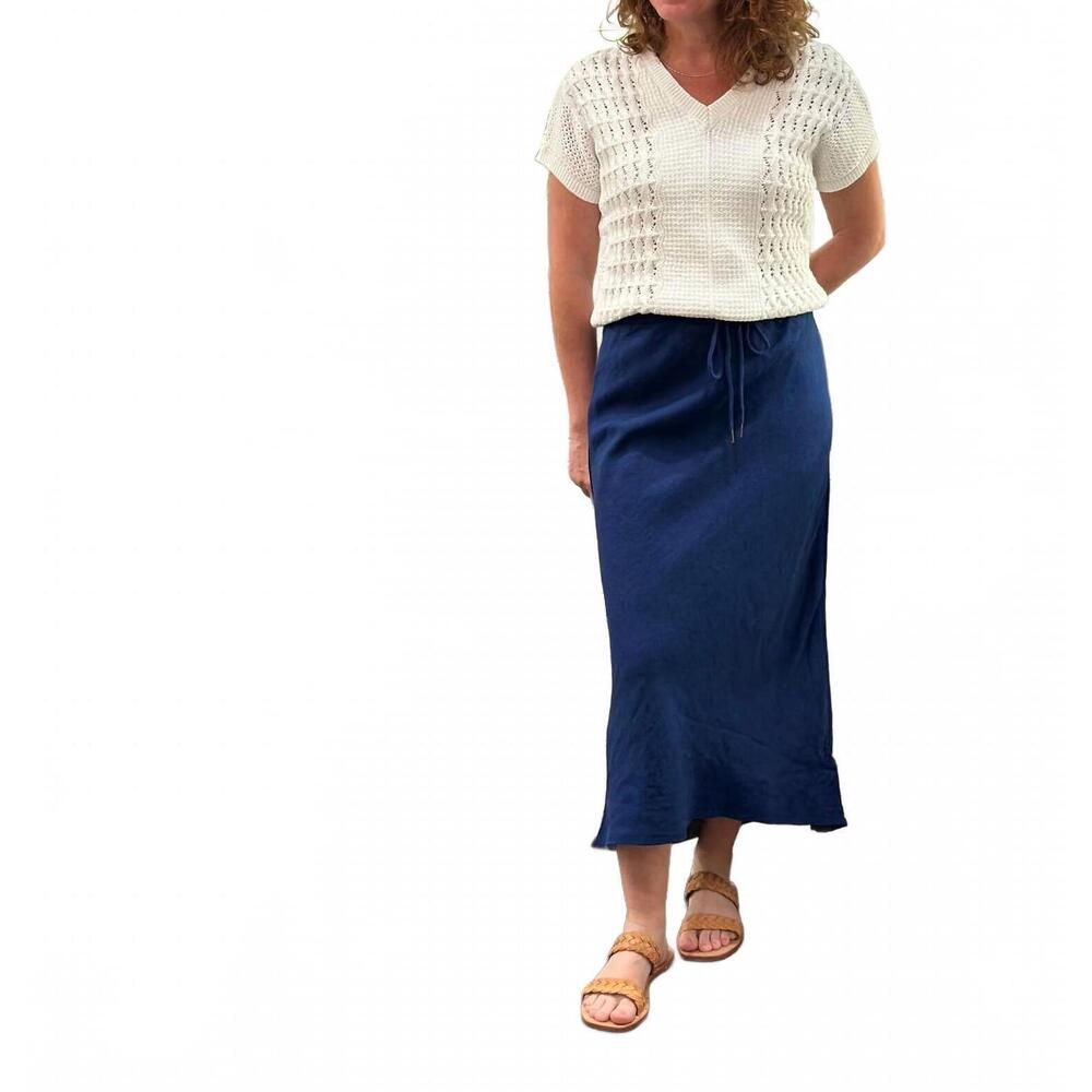 NEW VOYAGEUR BY MERSEA aix linen midi skirt in blue